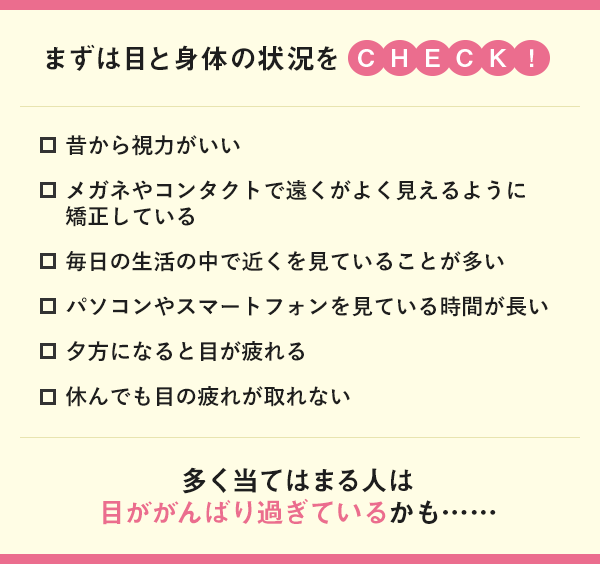 まずは目と身体の状況をCHECK！昔から視力がいい メガネやコンタクトで遠くがよく見えるように矯正している 毎日の生活の中で近くを見ていることが多い パソコンやスマートフォンを見ている時間が長い 夕方になると目が疲れる 休んでも目の疲れが取れない