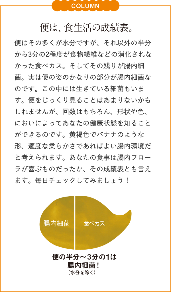 便は、食生活の成績表。腸内フローラはあなたにとっての“大切なパートナー”。あなたがきちんと食べることは、あなただけでなく、腸内細菌にとっても大切なことなのです。