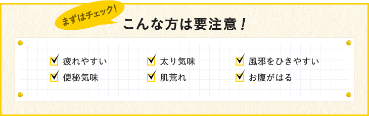 こんな方は要注意！ 疲れやすい 太り気味 風邪をひきやすい 便秘気味 肌荒れ お腹がはる