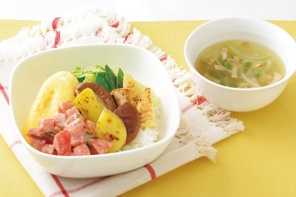 鮮やかな春野菜のグリル焼きどんぶり