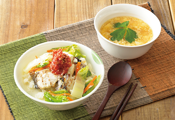 焼きたら入り雑炊風豆乳スープがけどんぶり