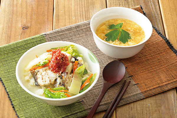 焼きたら入り雑炊風豆乳スープがけどんぶり