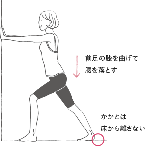 前足の膝を曲げて腰を落とす かかとは床から離さない