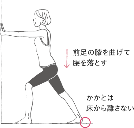 前足の膝を曲げて腰を落とす かかとは床から離さない