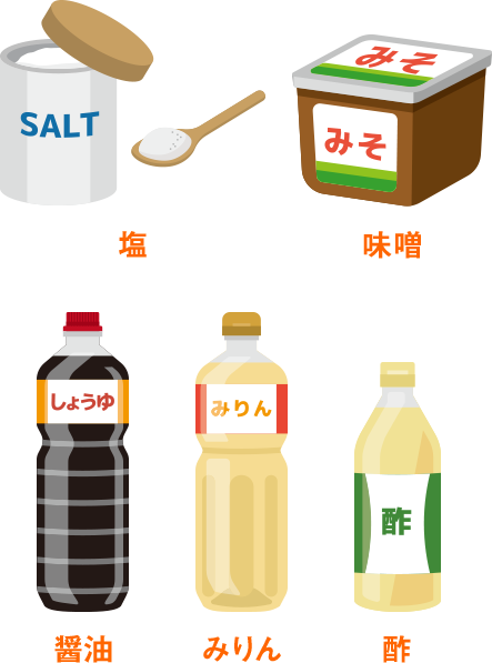 塩、味噌、醤油、みりん、酢
