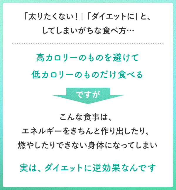 「太りたくない!」「ダイエットに」と、してしまいがちな食べ方…高カロリーのものを避けて低カロリーのものだけ食べる ですが こんな食事は、エネルギーをきちんと作り出したり、燃やしたりできない身体になってしまい実は、ダイエットに逆効果なんです