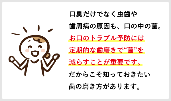 口臭だけでなく虫歯や歯周病の原因も、口の中の菌。お口のトラブル予防には定期的な歯磨きで“菌”を減らすことが重要です。だからこそ知っておきたい歯の磨き方があります。