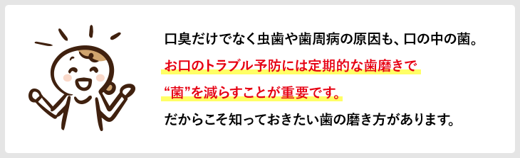 口臭だけでなく虫歯や歯周病の原因も、口の中の菌。お口のトラブル予防には定期的な歯磨きで“菌”を減らすことが重要です。だからこそ知っておきたい歯の磨き方があります。